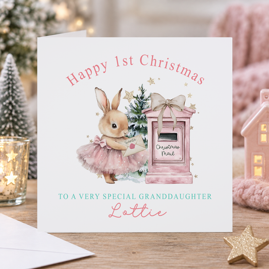 Personalised 1st Christmas Card for Granddaughter – Pink Bunny & Post Box, 6x6