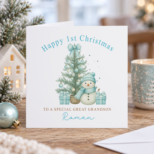 Personalised 1st Christmas Card for Grandson – Snowman & Blue Tree, 6x6 Inch