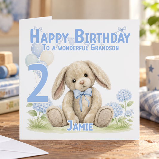Personalised 2nd Birthday Card – Blue Bunny Design with Envelope, Age 2 Keepsake