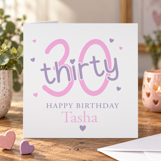 Personalised 30th Birthday Card – Modern Pink & Purple Design