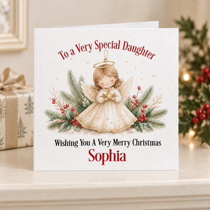 Personalised Angel Christmas Card for Daughter – Little Angel & Greenery, 6x6