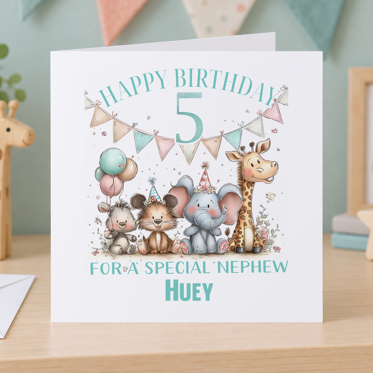 Personalised Animals and Bunting Birthday Card, Any Age, Name & Relation, 6x6 Inch