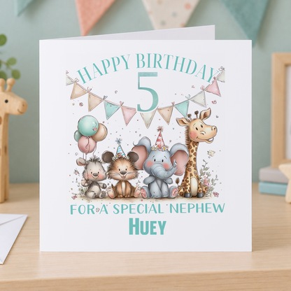 Personalised Animals and Bunting Birthday Card, Any Age, Name & Relation, 6x6 Inch