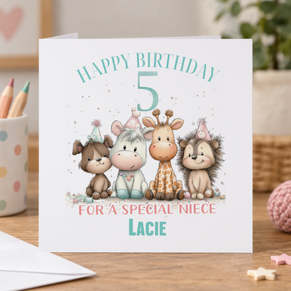 Personalised Animals in a Row Birthday Card, Any Age, Name & Relation, 6x6 Inch