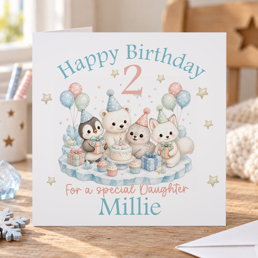 Personalised Arctic Animals Birthday Card, Any Age & Name, 6x6 Inch
