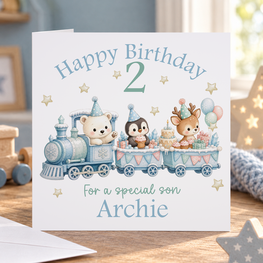 Personalised Arctic Animals Train Birthday Card, Any Age, Name & Relation, 6x6 Inch