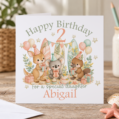 Personalised Aussie Animals Birthday Card, Any Age, Name & Relation, 6x6 Inch
