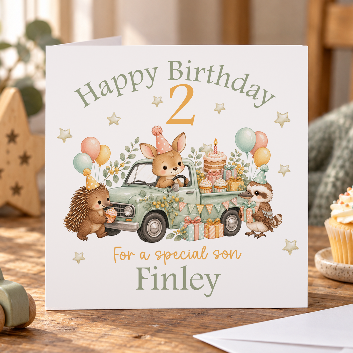 Personalised Aussie Animals Truck Birthday Card, Any Age, Name & Relation, 6x6 Inch