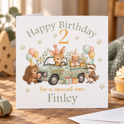 Personalised Aussie Animals Truck Birthday Card, Any Age, Name & Relation, 6x6 Inch