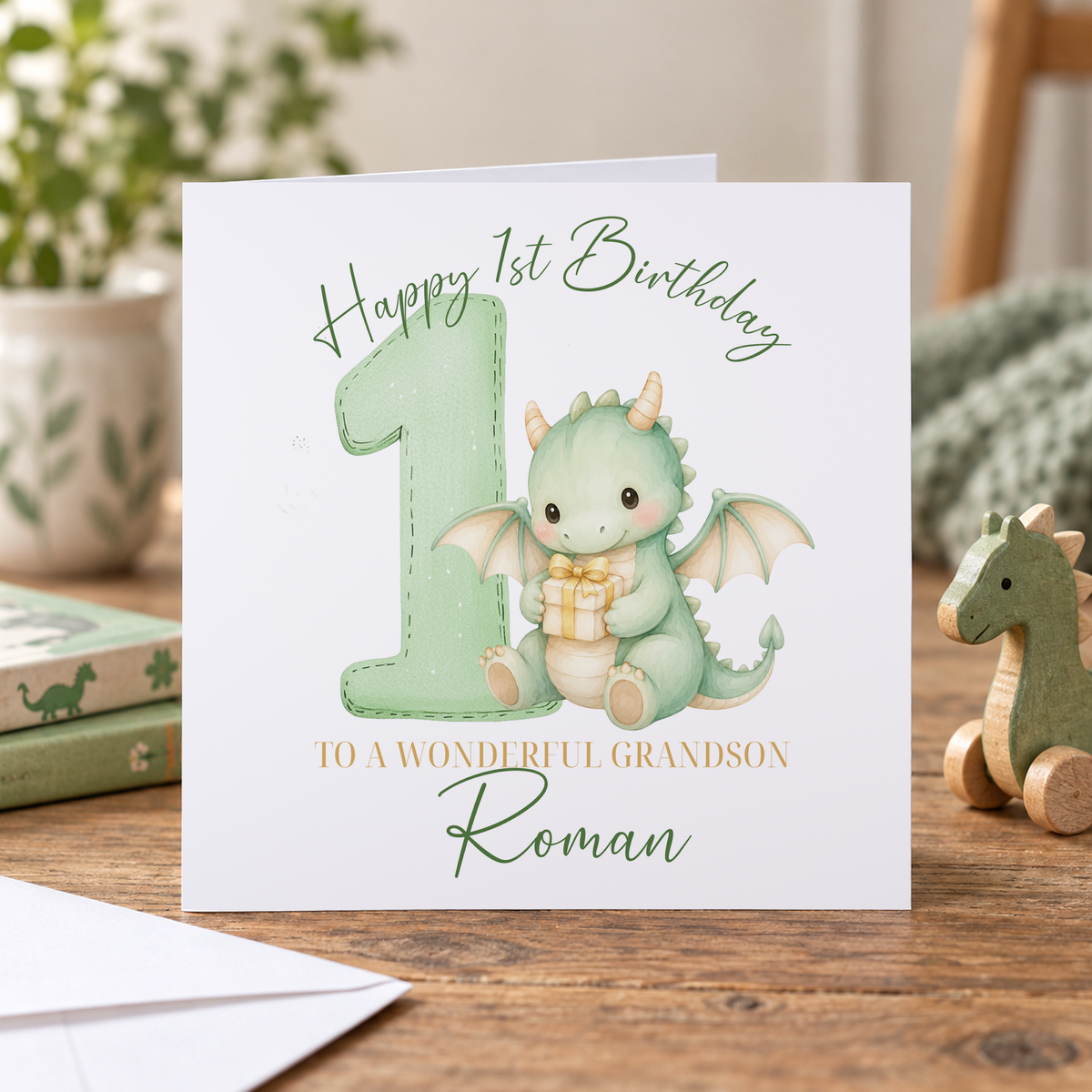 Personalised Baby Dragon 1st Birthday Card, Any Name & Relation, 6x6 Inch