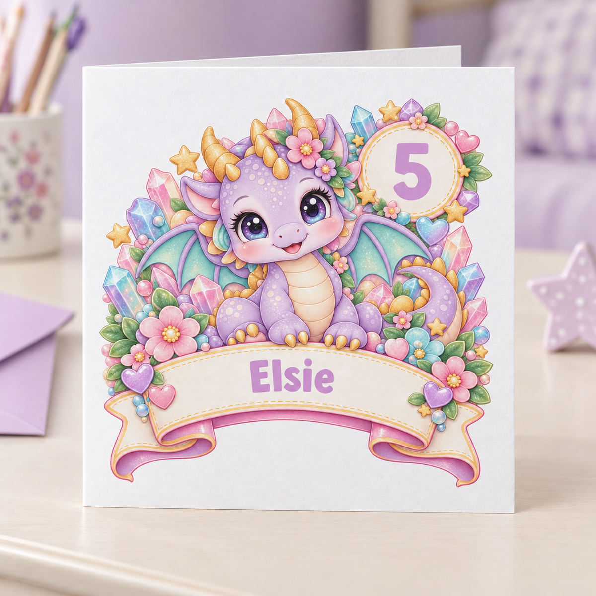 Personalised Baby Dragon Birthday Card, Any Age & Name, 6x6 Inch
