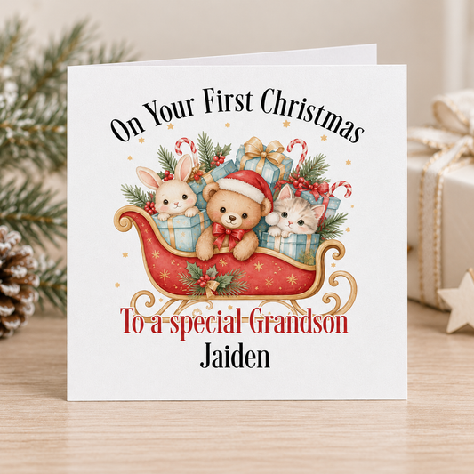 Personalised Baby First Christmas Card – Animals in a Red Sleigh, Grandson 6x6