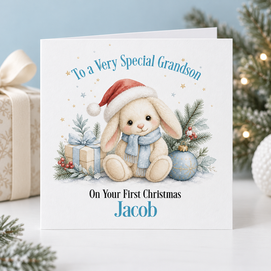 Personalised Baby First Christmas Card for Grandson – Bunny & Baubles, 6x6