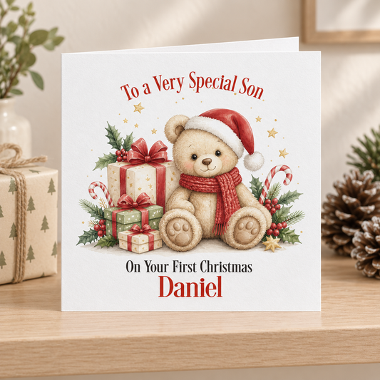 Personalised Baby First Christmas Card for Son – Teddy Bear & Presents, 6x6