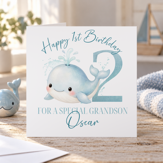 Personalised Baby Whale Birthday Card, Any Age, Name & Relation, 6x6 Inch