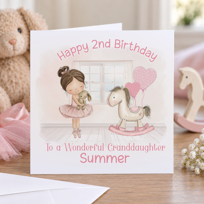 Personalised Ballerina and Rocking Horse 2nd Birthday Card, Any Name & Relation, 6x6 Inch