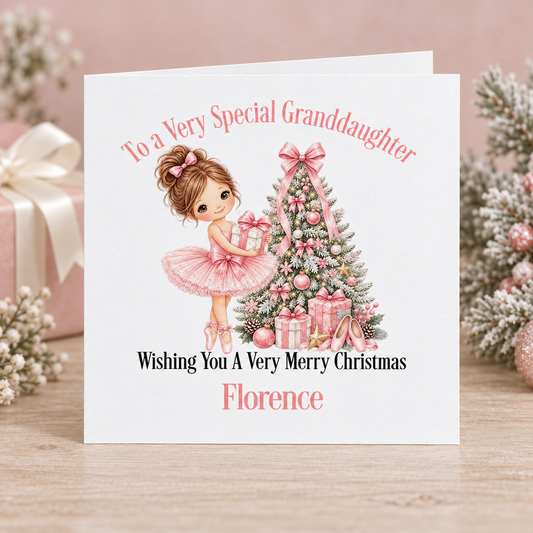 Personalised Ballerina Christmas Card – Pink Tree & Tutu, Granddaughter 6x6