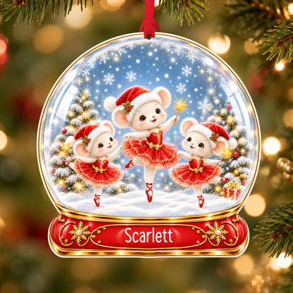 Personalised ballet mice acrylic snow globe Christmas bauble with custom name, hanging on a Christmas tree with red ribbon