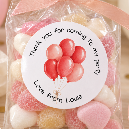 Personalised Balloon Party Stickers – Glossy Round Labels for Birthday Bags