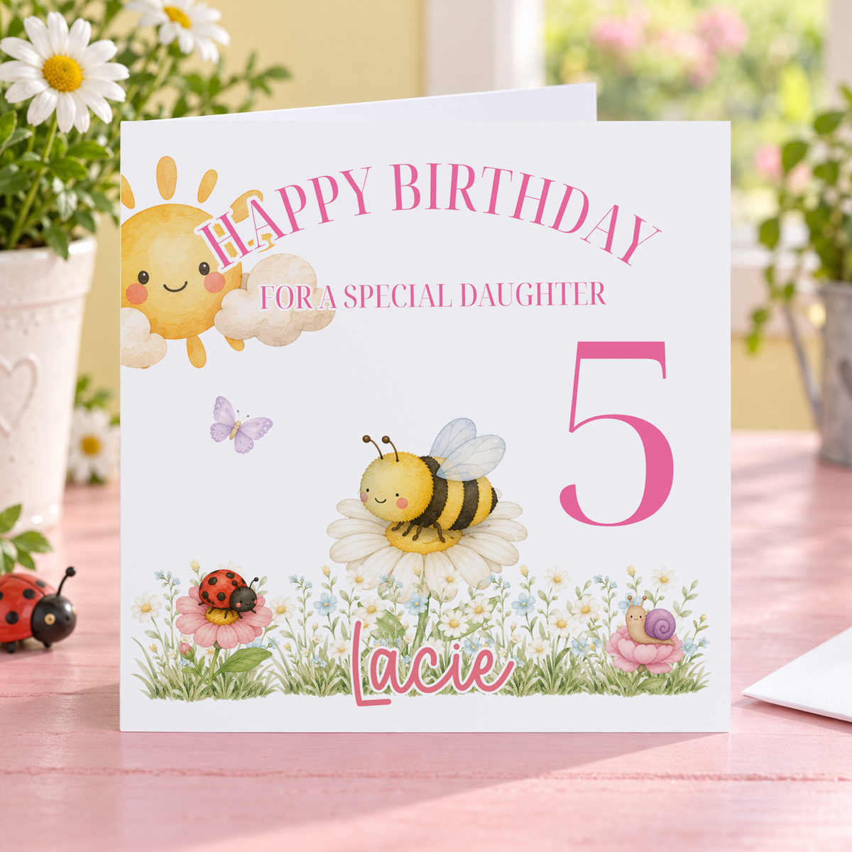 Personalised Bee and Ladybird Birthday Card, Any Age, Name & Relation, 6x6 Inch
