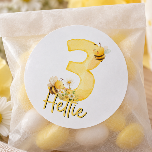 Personalised Bee Birthday Stickers – Custom Name & Age Party Labels