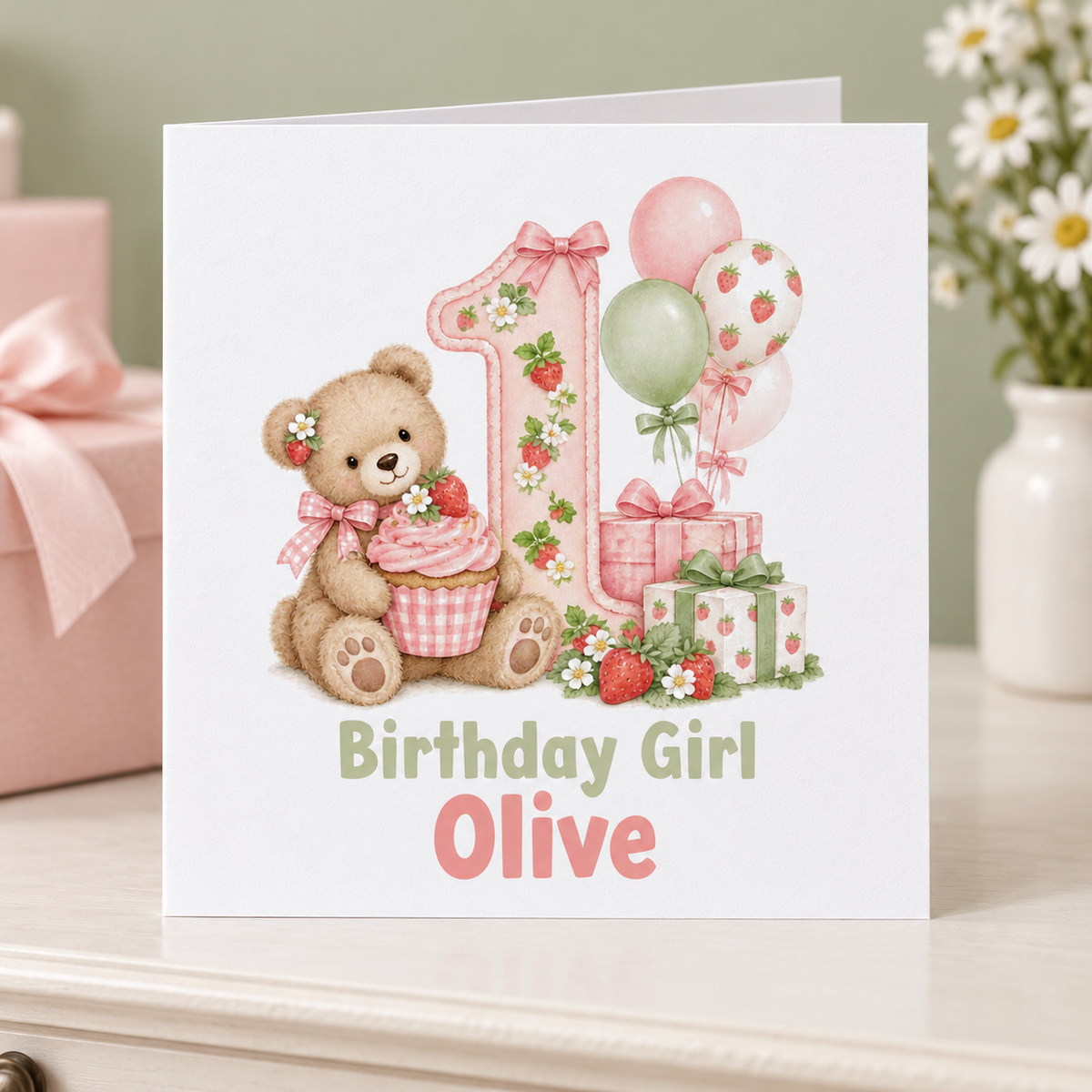 Personalised Berry First Birthday Bear Card, Birthday Girl, Any Name, 6x6 Inch