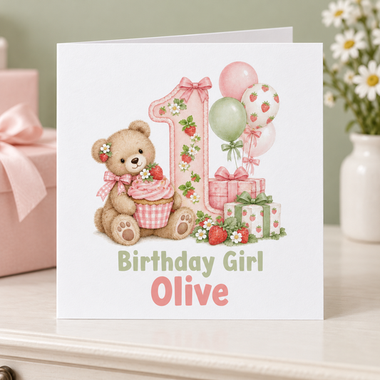 Personalised Berry First Birthday Bear Card, Birthday Girl, Any Name, 6x6 Inch