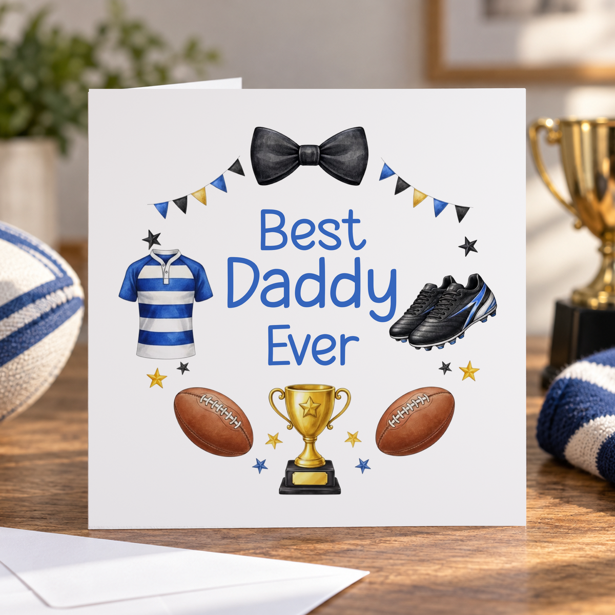 Personalised Best Daddy Ever Card, Rugby and Football, Any Name, 6x6 Inch