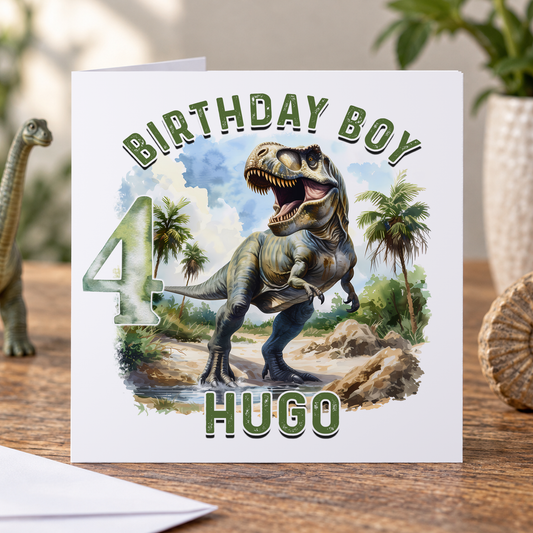 Personalised Birthday Boy T-Rex Card – Realistic Dinosaur, Any Age, 6x6 Inch