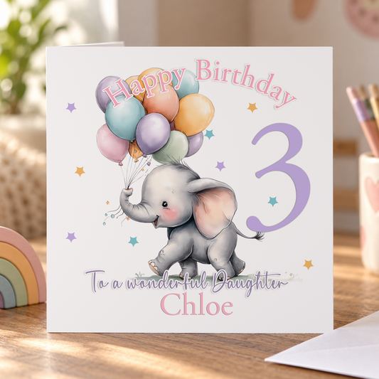 Personalised Birthday Card - Elephant & Balloons Keepsake Design