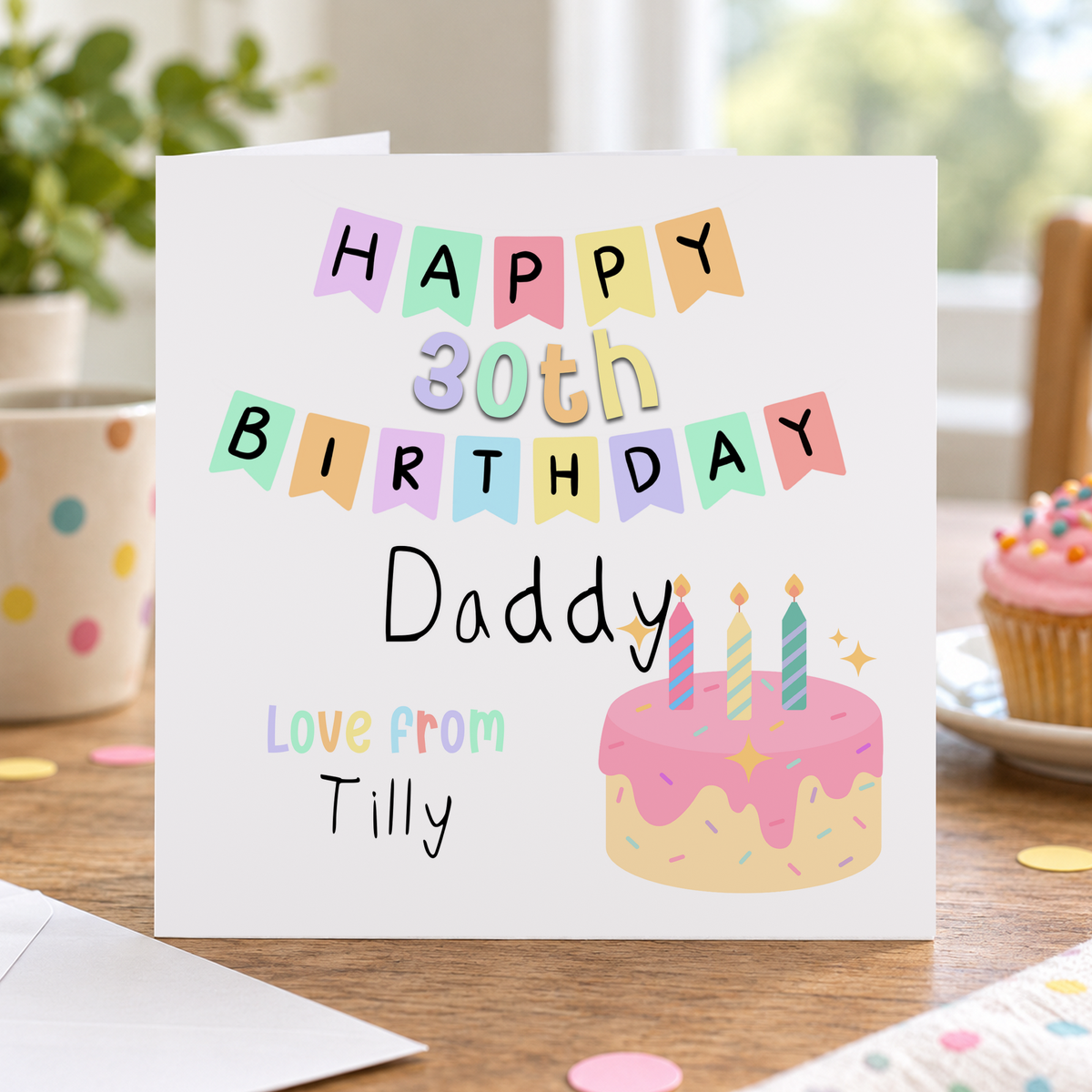 Personalised Birthday Card for Daddy, Bunting and Cake, Any Age & Name, 6x6 Inch