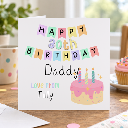 Personalised Birthday Card for Daddy, Bunting and Cake, Any Age & Name, 6x6 Inch