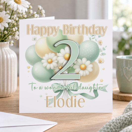 Personalised Birthday Card – Sage Green Balloon & Daisy Floral Design
