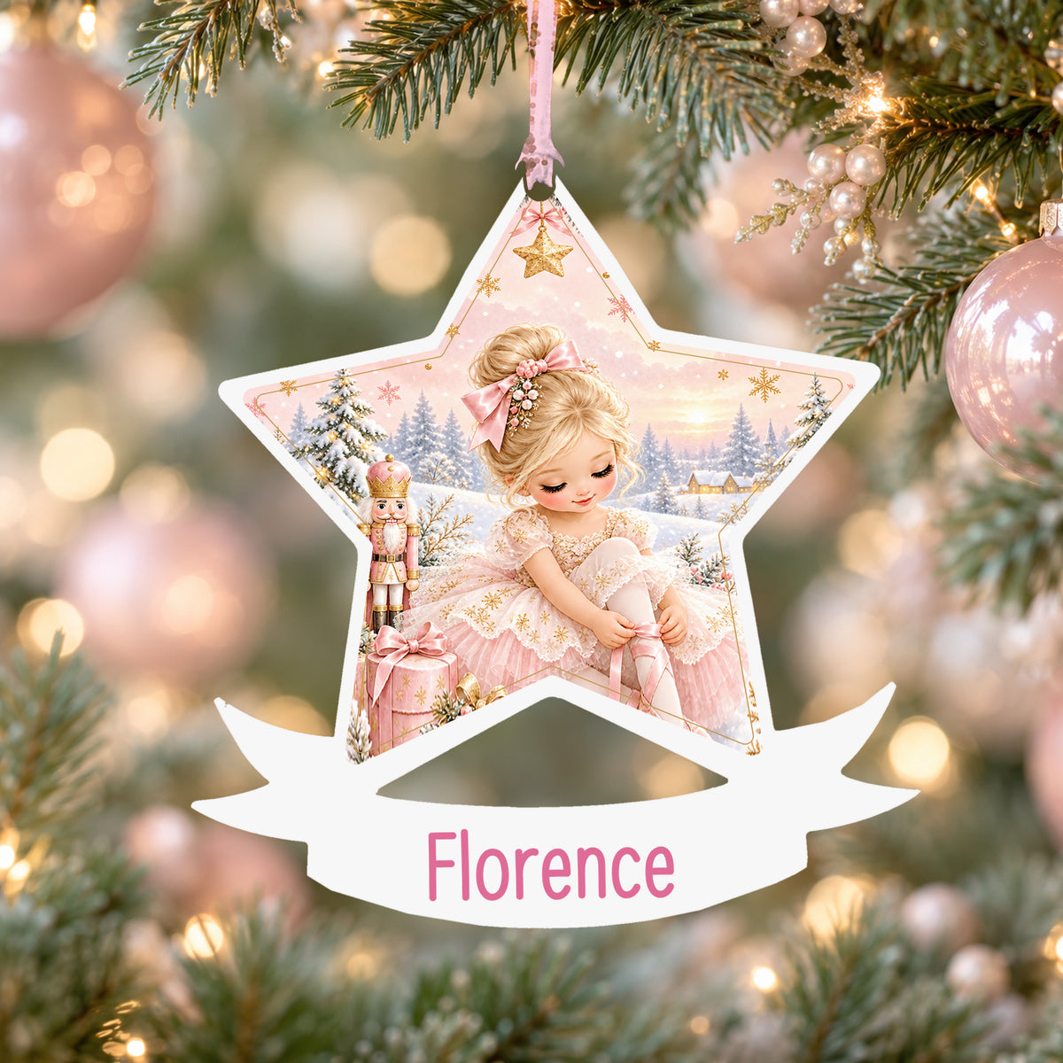 Personalised blonde sugar plum ballerina acrylic star Christmas bauble with custom name, hanging on a Christmas tree with baby pink ribbon