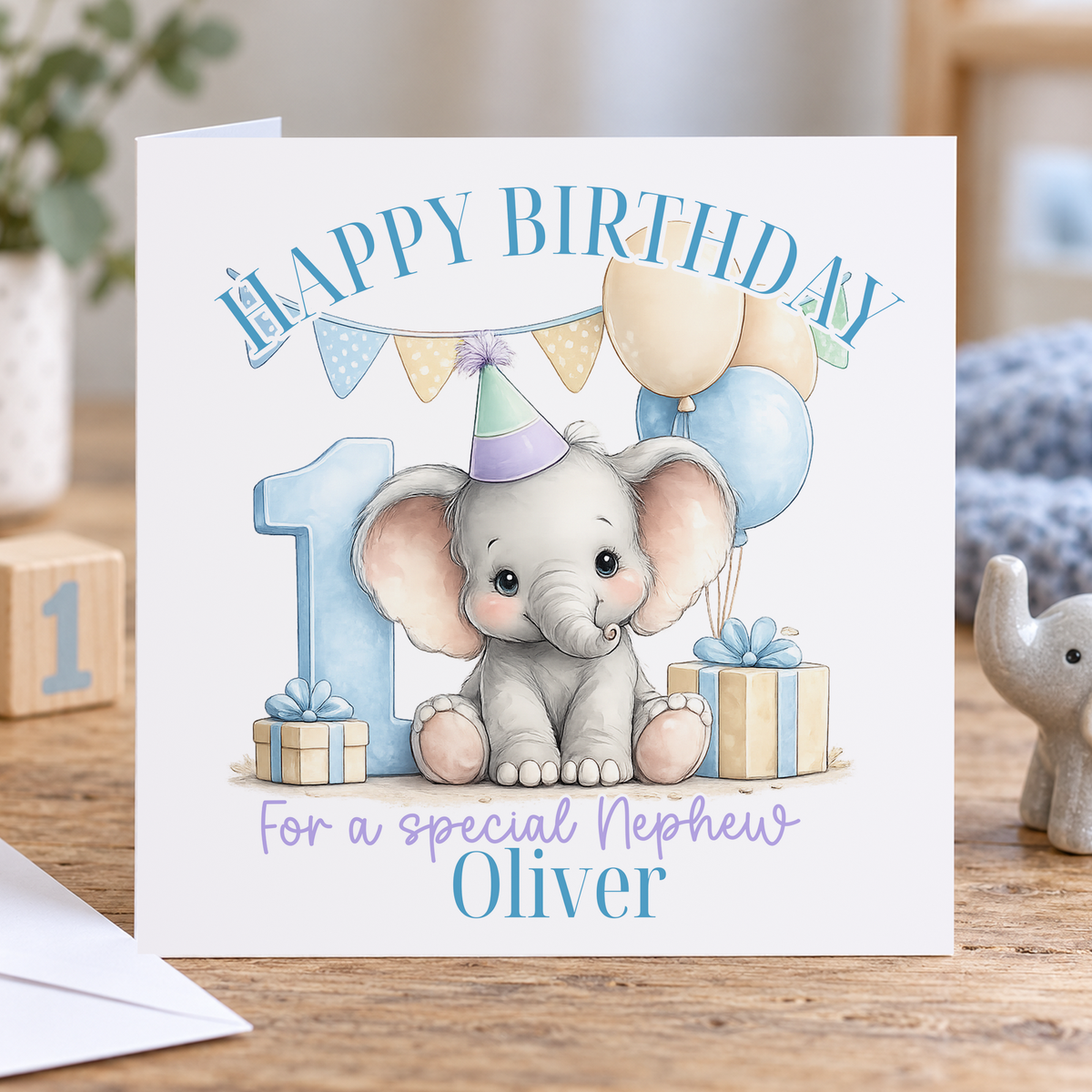 Personalised Blue Baby Elephant 1st Birthday Card, Any Name & Relation, 6x6 Inch