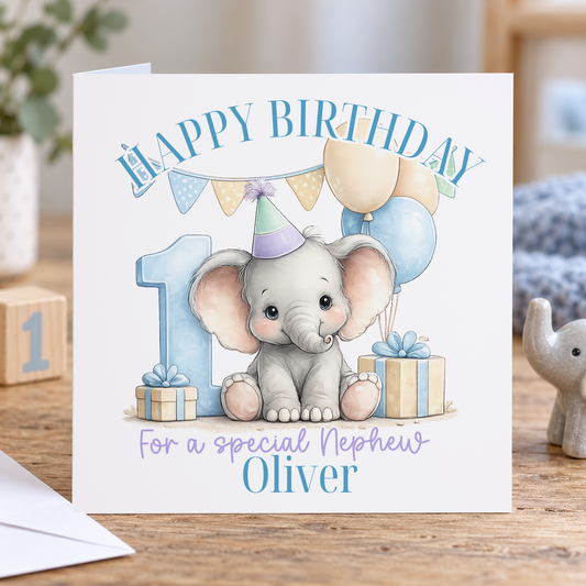 Personalised Blue Baby Elephant 1st Birthday Card, Any Name & Relation, 6x6 Inch