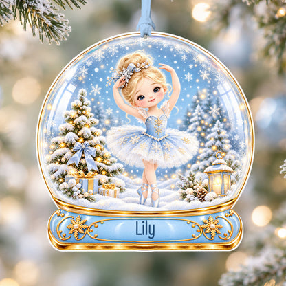 Personalised blue ballerina acrylic snow globe Christmas bauble with custom name, hanging on a Christmas tree with baby blue ribbon