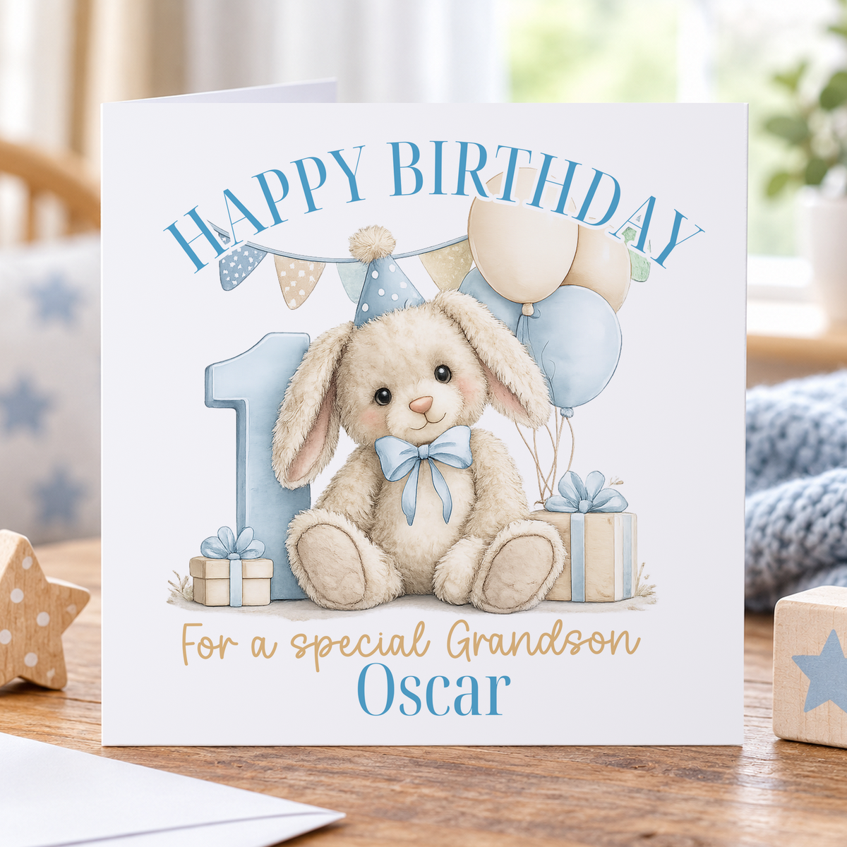 Personalised Blue Bunny 1st Birthday Card, Any Name & Relation, 6x6 Inch