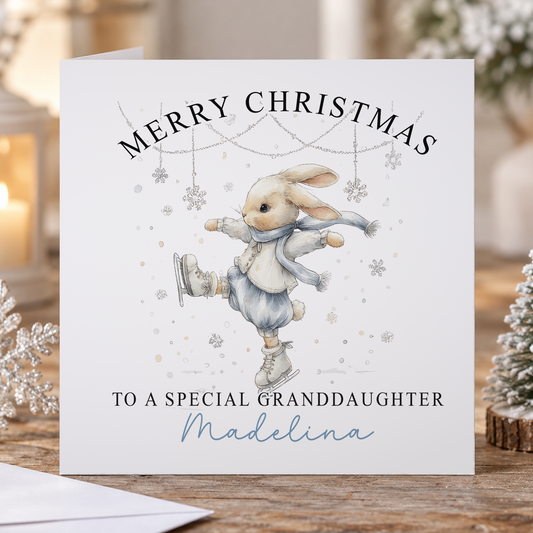 Personalised Blue Bunny Ice Skating Christmas Card – Custom Name & Relation, 6x6" Watercolour Keepsake