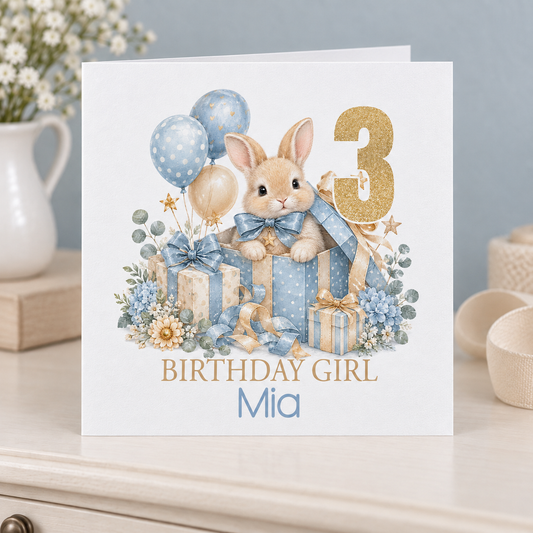 Personalised Blue Bunny Present Birthday Card, Any Age & Name, 6x6 Inch