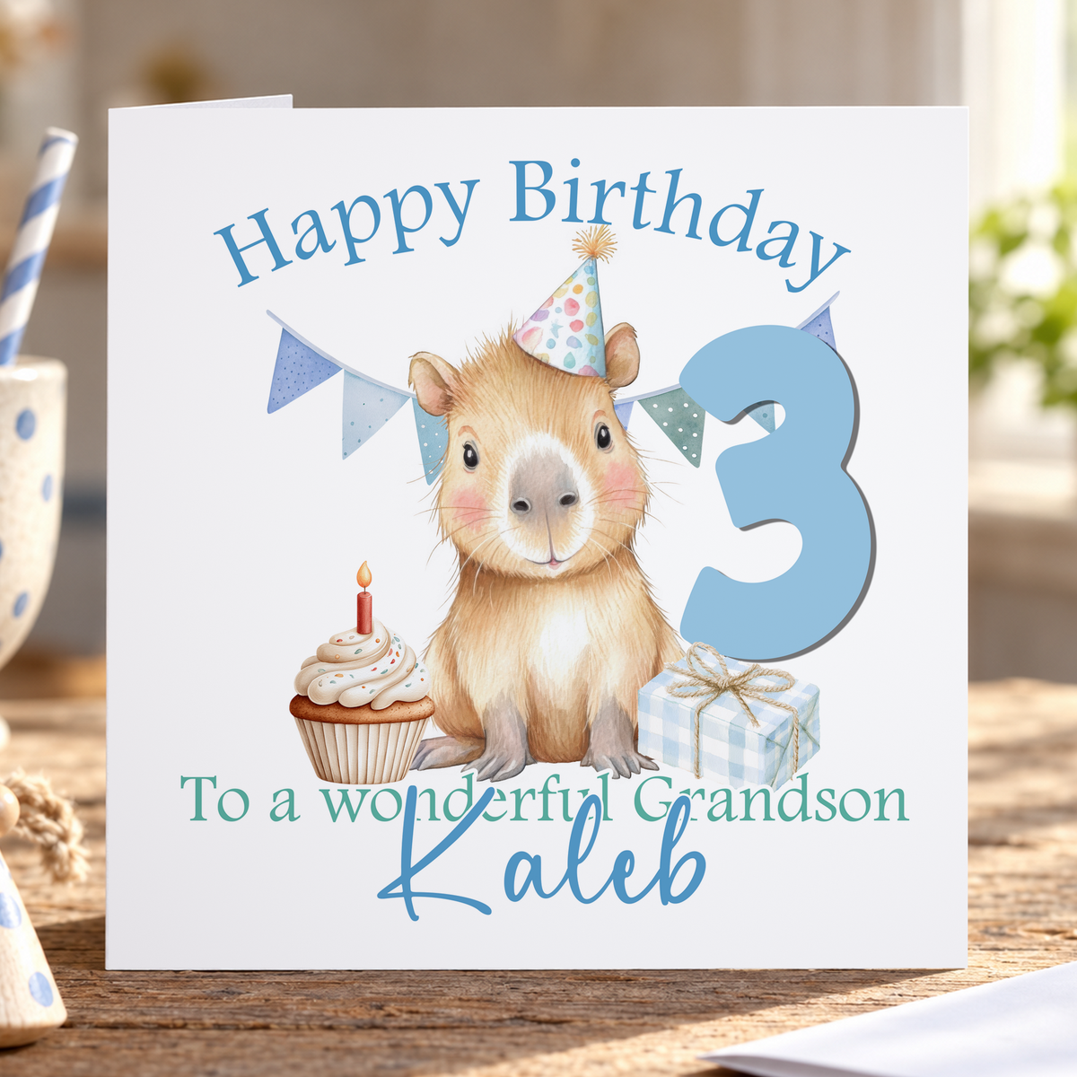 Personalised Blue Capybara Birthday Card, Any Age, Name & Relation, 6x6 Inch