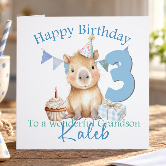 Personalised Blue Capybara Birthday Card, Any Age, Name & Relation, 6x6 Inch