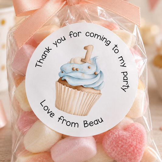 Personalised Blue Cupcake Stickers – First Birthday Party Bag & Favour Tags