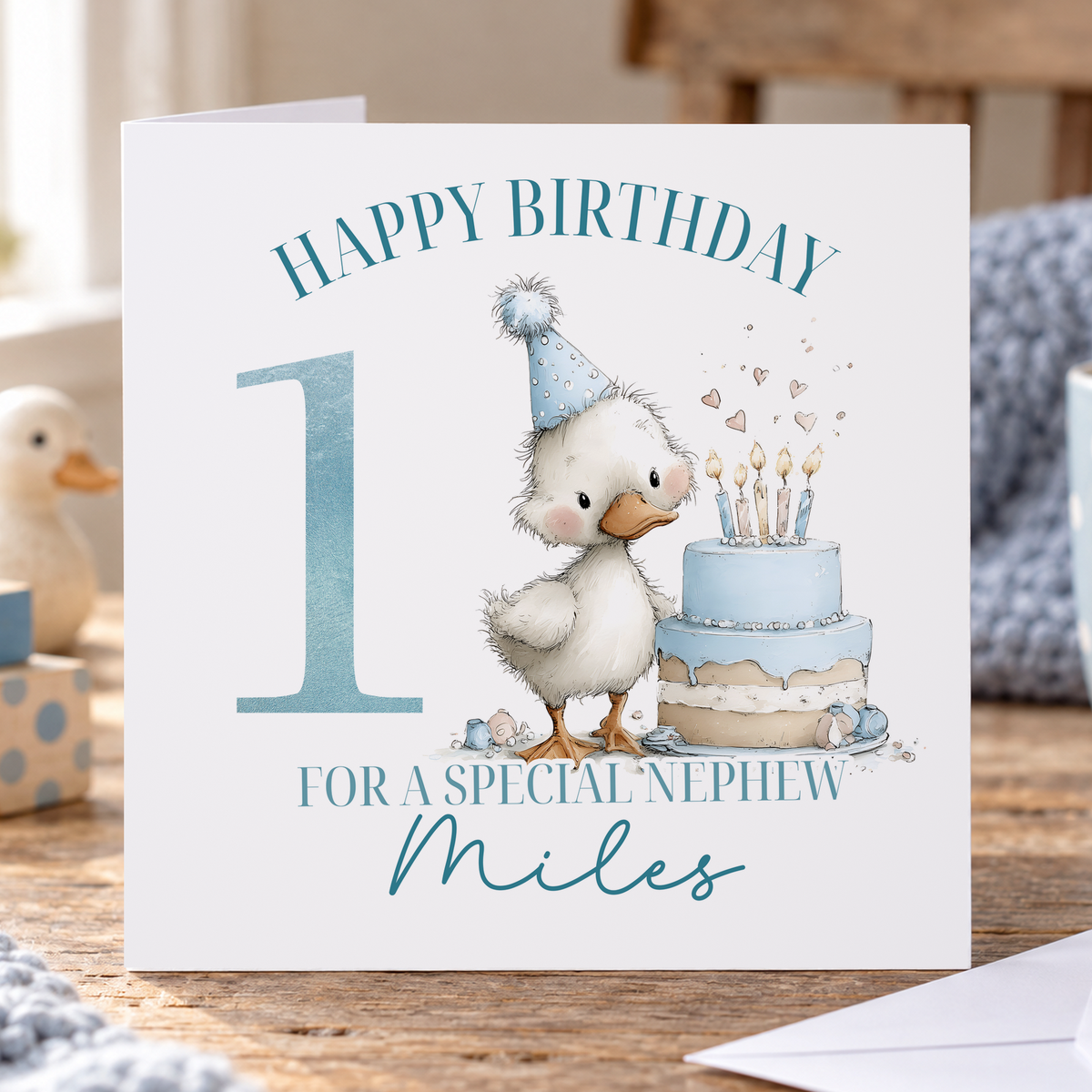 Personalised Blue Duck 1st Birthday Card, Any Name & Relation, 6x6 Inch