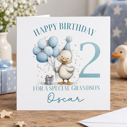 Personalised Blue Duck Birthday Card, Any Age, Name & Relation, 6x6 Inch