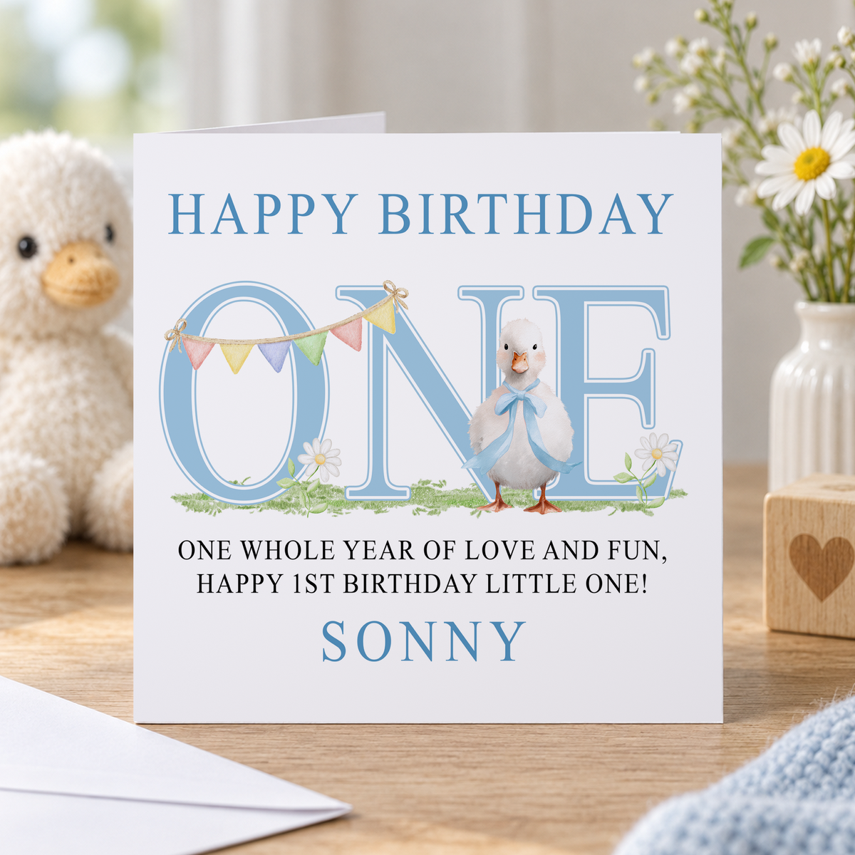 Personalised Blue Duck First Birthday Card