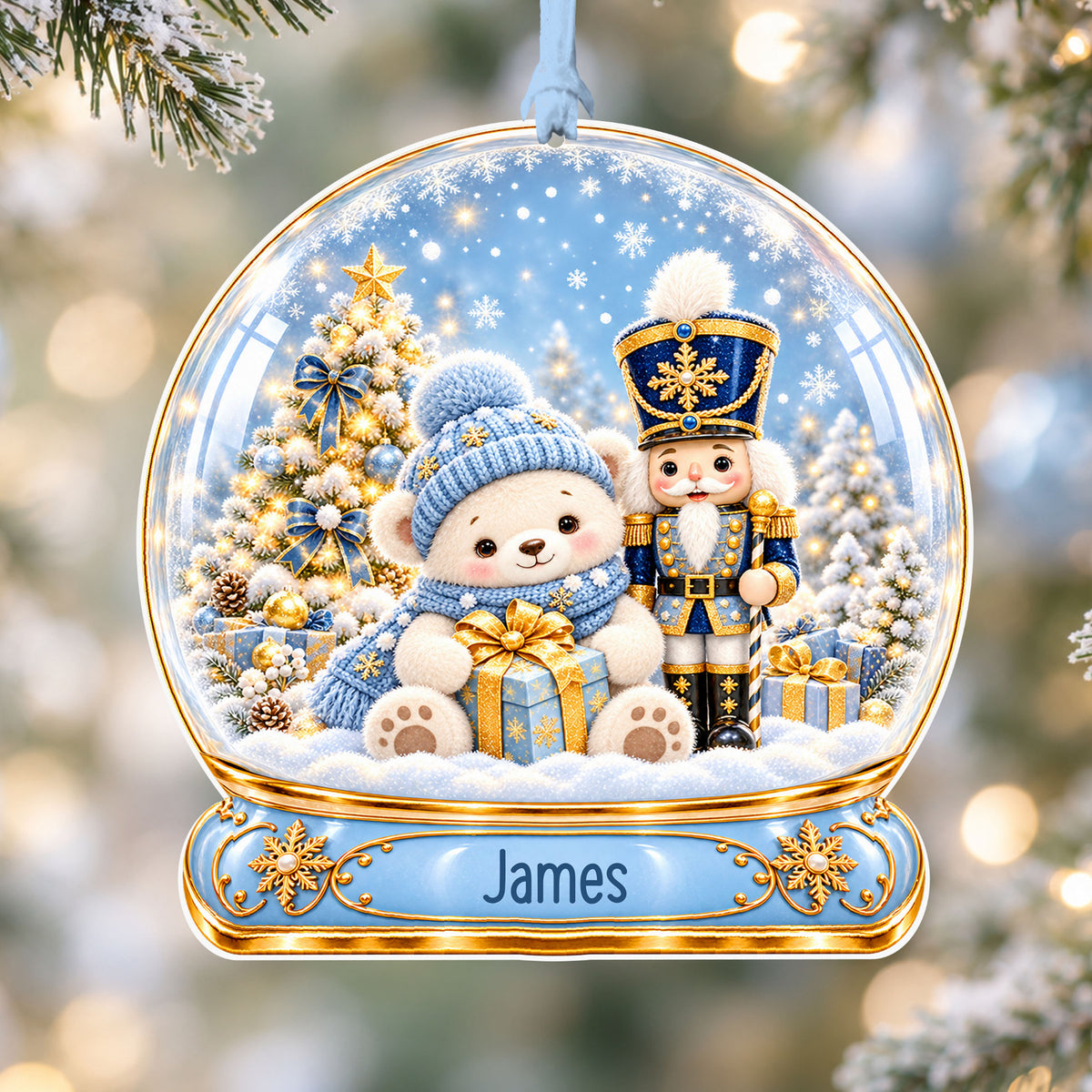 Personalised blue nutcracker acrylic snow globe Christmas bauble with custom name, hanging on a Christmas tree with baby blue ribbon