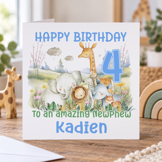 Personalised Blue Safari Birthday Card, Any Age, Name & Relation, 6x6 Inch