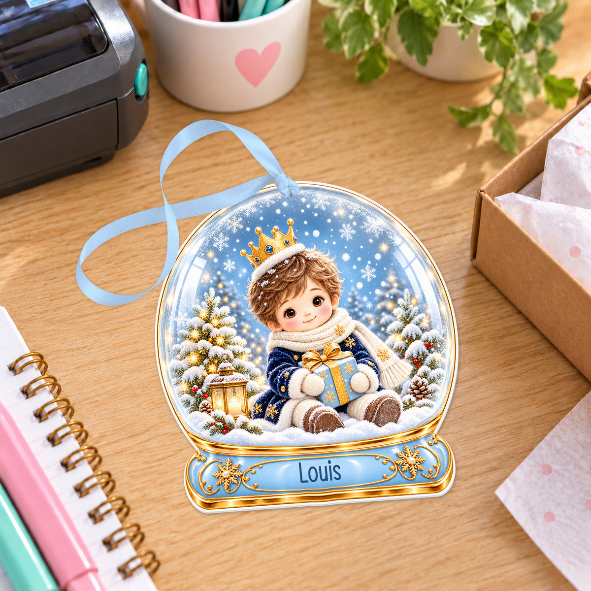 Personalised blue snow prince snow globe bauble with name, white acrylic Christmas decoration with ribbon, shown on a desk