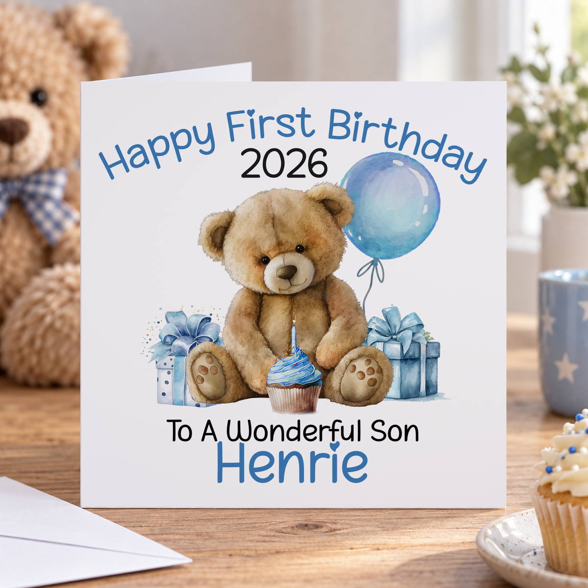 Personalised Blue Teddy 1st Birthday Card, Any Name & Relation, 6x6 Inch
